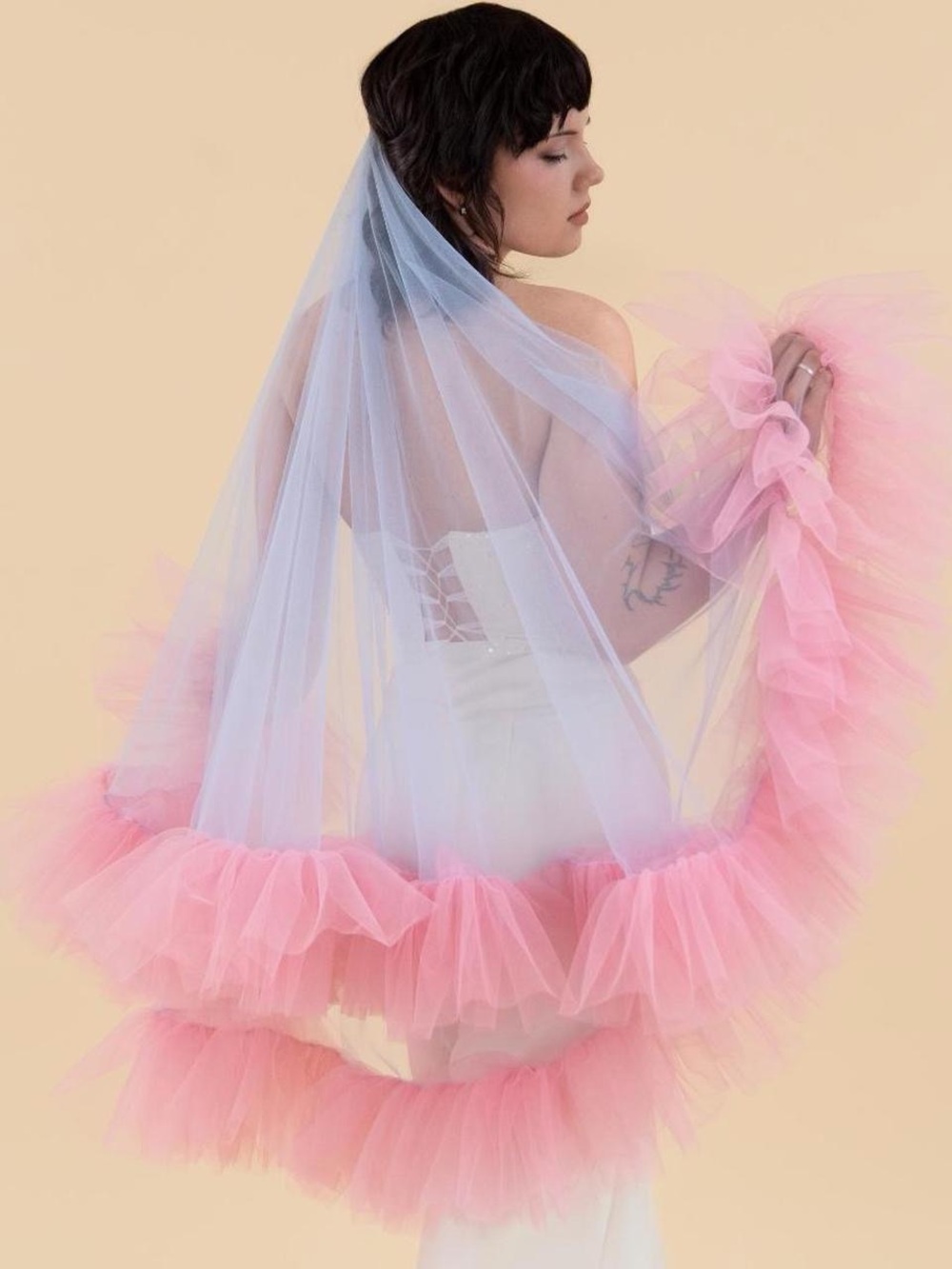 Blue with Pink Trim Tulle Bridal Veil - Soft Pink Ruffle Edge